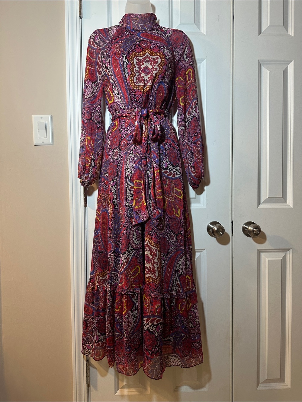 Paisley Print Long Sleeve Maxi Dress - Purple